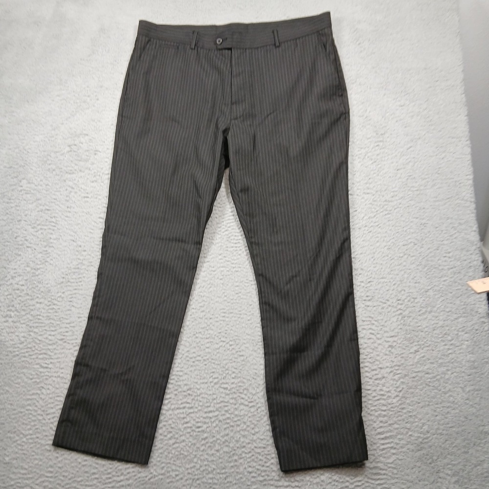 Perry Ellis Pants Mens 38x30 Charcoal Gray Pinstripe Slim Fit‎ Dress Flat Front